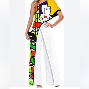 MEIYIFANG Chic Sassy Jumpsuit Off Shoulder Print Face Sz S Rompers Streetwear